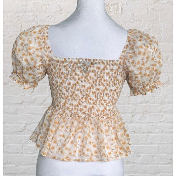 Ash & Violet Yellow White Daisy Floral Puff Sleeve Babydoll Smocked Top M Boho - Picture 6 of 11